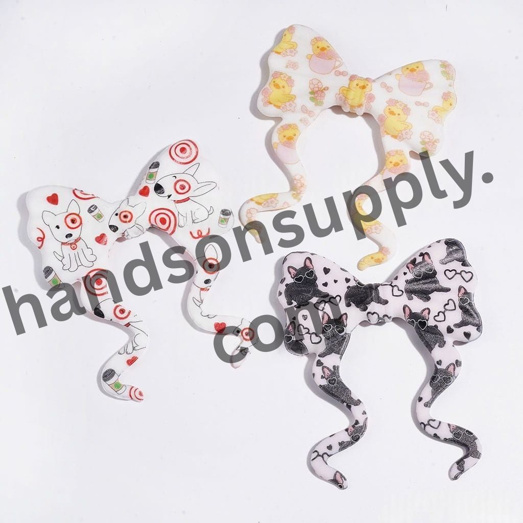 Adorable Dog and Yellow Duck Characters Printed Long Ribbon Bow Shape PVC Soft Rubber Beads, 59*70MM, Random Mix