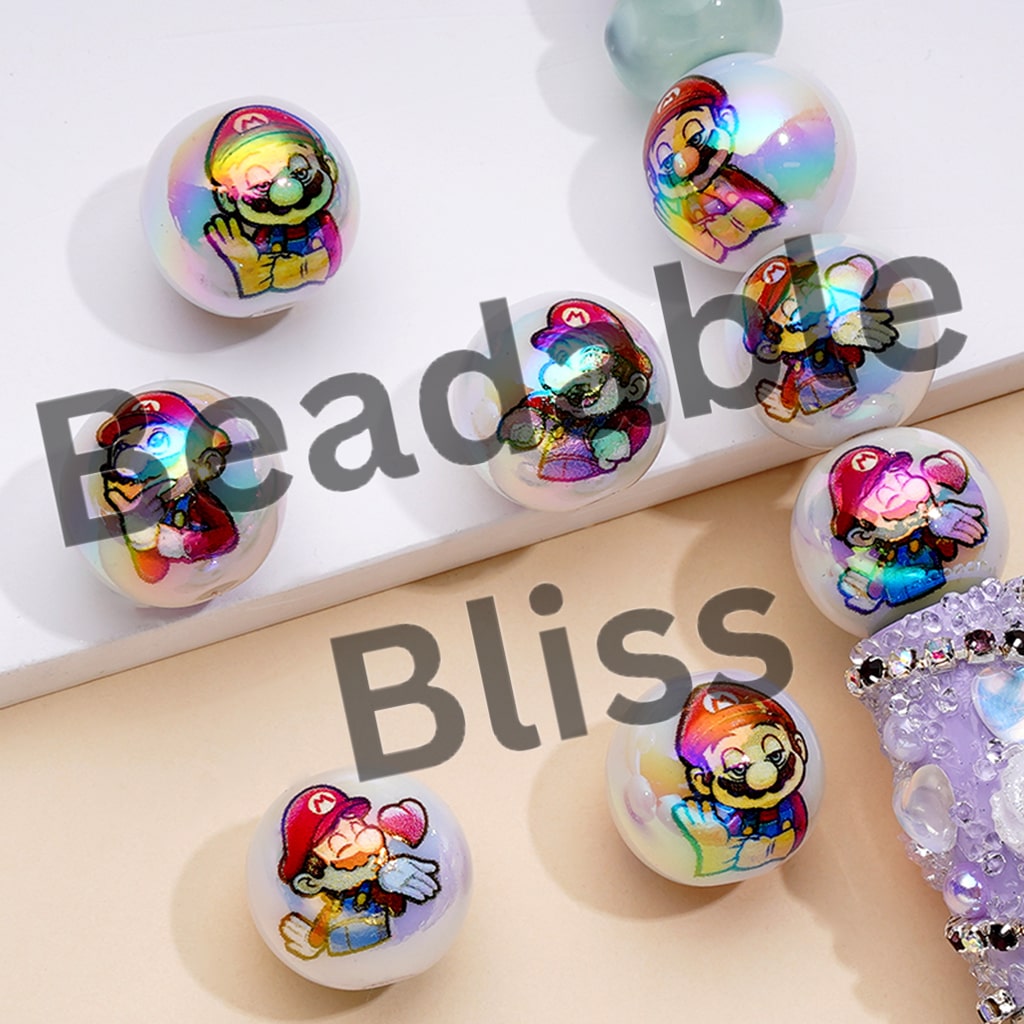 White UV Coated Acrylic Beads with Plumber Character Cartoon, Random Mix, 16MM