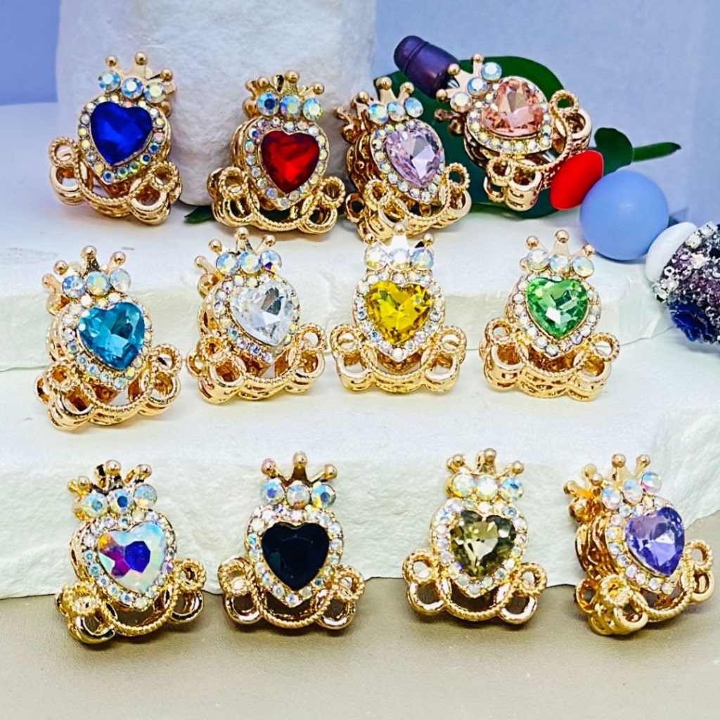 Gold Alloy Heart Crown with Mini AB Rhinestones Bling Bling Colorful Heart Rhinestones Beads, Around 26*22MM