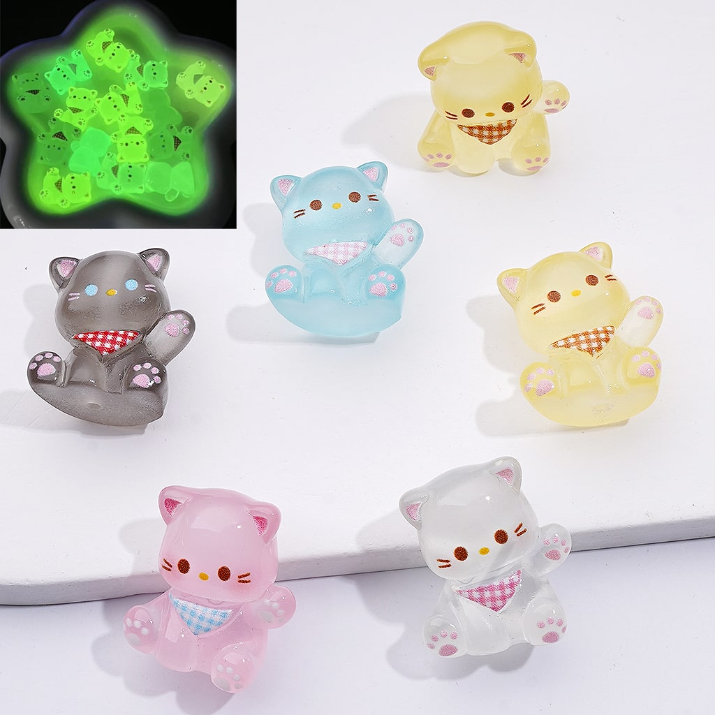 Cute Luminous Cat Kitty Multi Color Acrylic Beads Pen Toppers 20*23MM, Random Mix