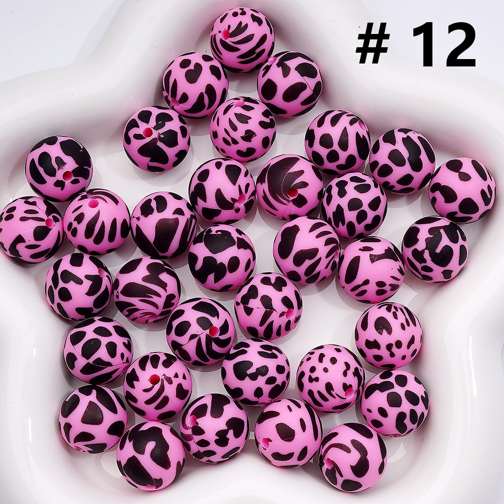 Cow Print Multicolor Design Style Z-00276 Silicone Beads 15MM