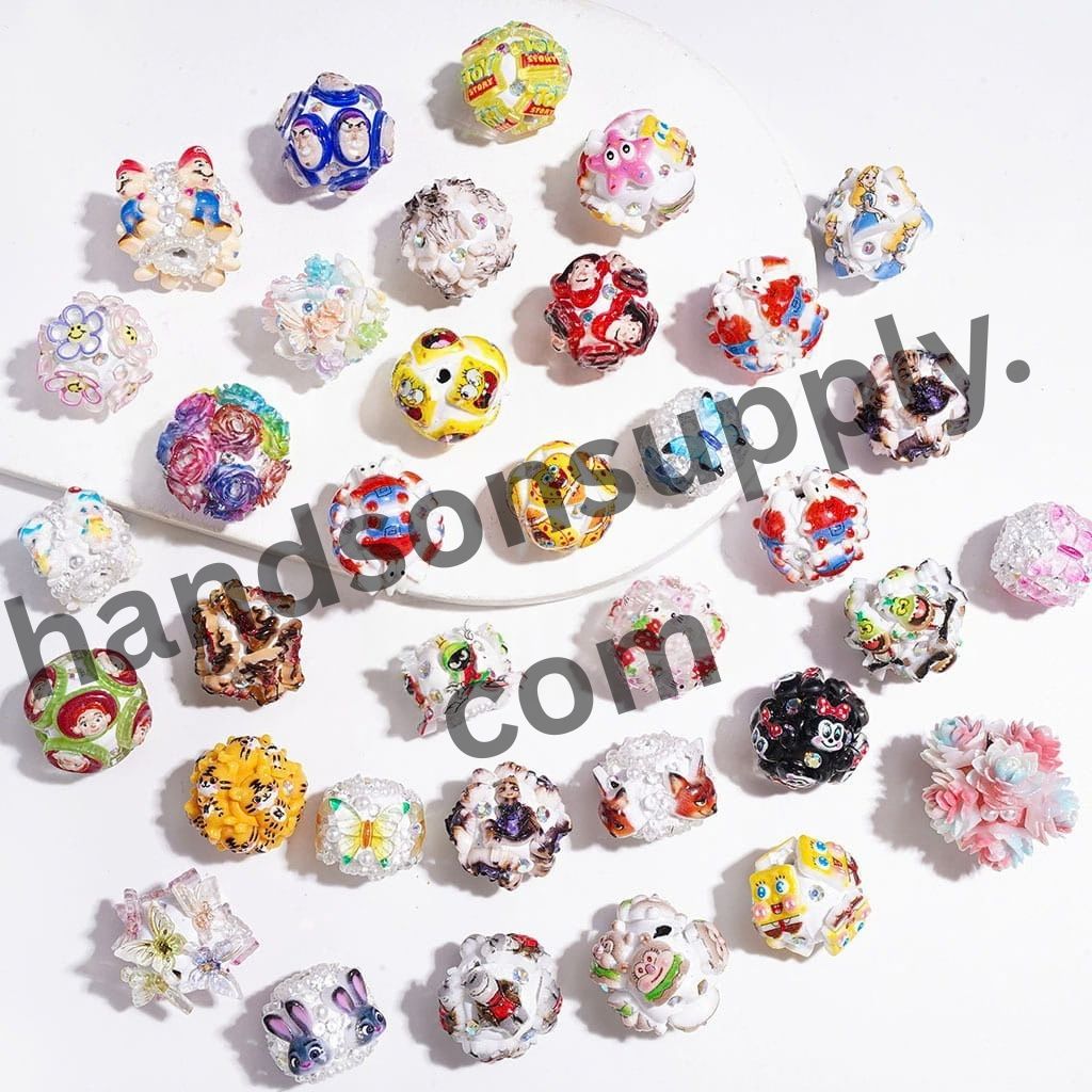 Cute Cartoon, Animal & Flower Character Design with Sparkling AB Rhinestones Clay Beads Series, (Random Combinations)