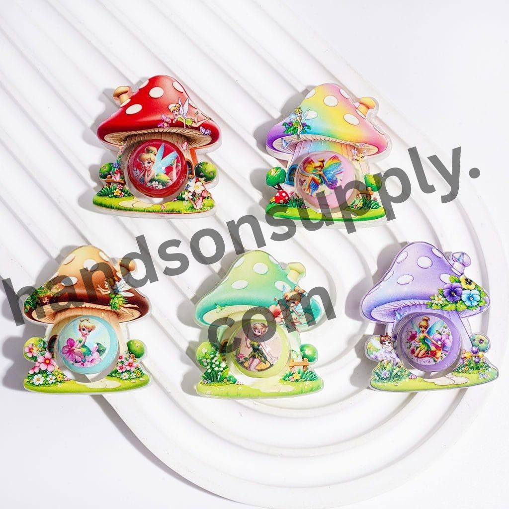 Adorable Hollowed Mushroom House with Flying Fairy Character Prints Round Acrylic Beads, Multi-Color, Random Mix