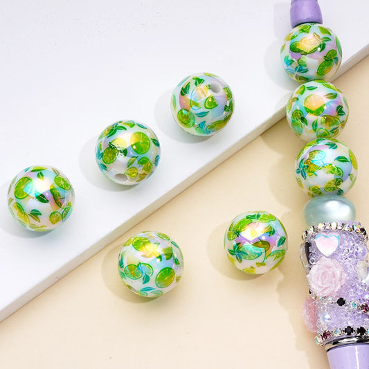 Green Sliced Lemon Fruit Round Acrylic Beads, Random Mix, 16MM