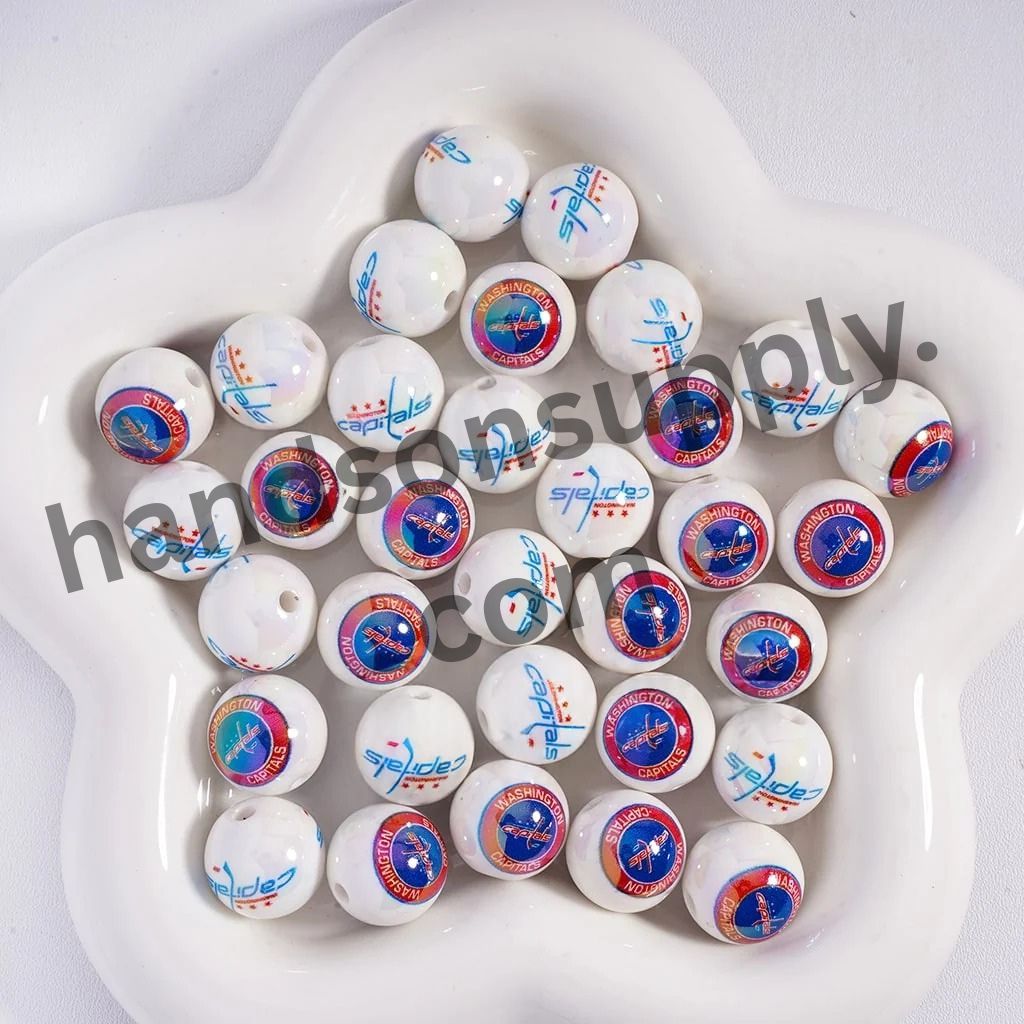 Round with UV Coating Ice Hockey Team Pattern Acrylic Beads for Bracelets, 16MM