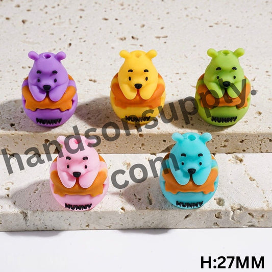 3D Adorable Bear Sitting in Honey Pot Silicone Focal Beads, Multicolor, Height 27MM