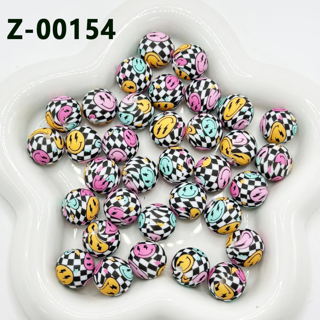 Black & White Colorful Smile Face Checkered Round Printed Silicone Beads 15mm, Number Z-00154