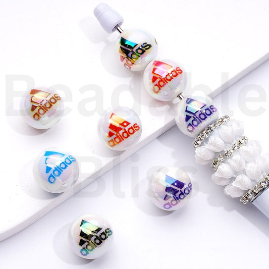 UV Coating Adida Sports Brand White Round Acrylic Beads, 16MM, Random Mix