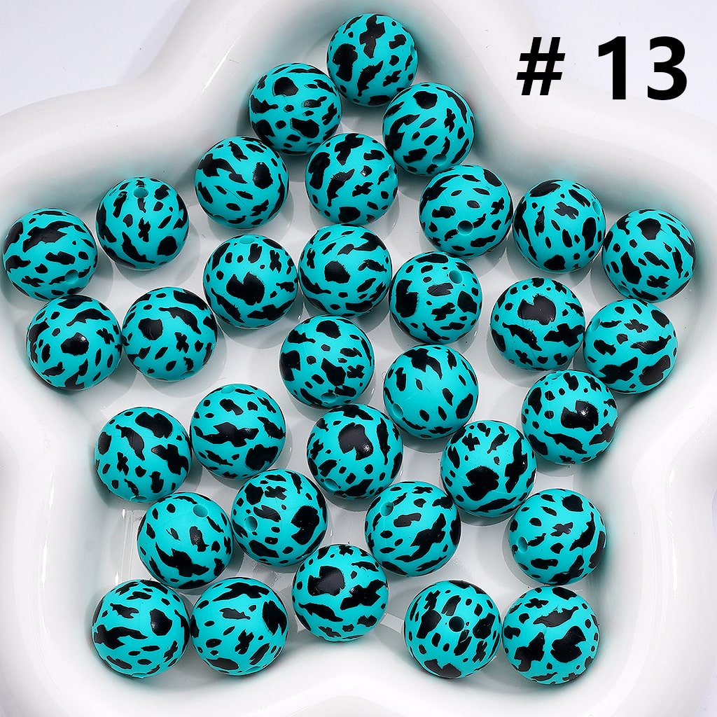 Cow Print Multicolor Design Style Z-00276 Silicone Beads 15MM
