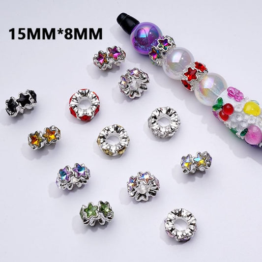 Silver Alloy Star Spacer – Fancy Design with Colorful Shiny Rhinestones, 15 x 8MM, Assorted Colors