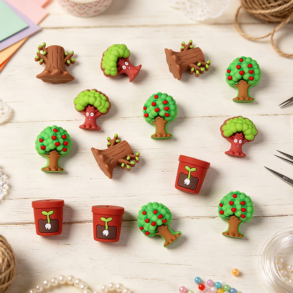 3D Tree, Log & Flower Pot Designs, Mini Plant Garden Theme Silicone Focal Beads