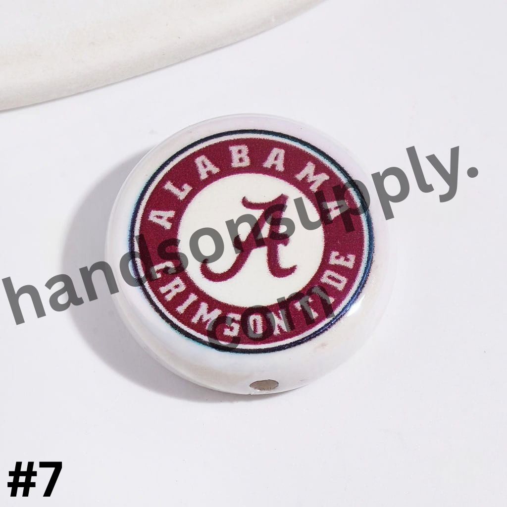 UV-Coated American College Sports Football Team Logo Series Flat Round Acrylic Beads, 23MM