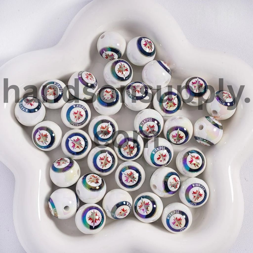Round UV Coating Ice Hockey Team Pattern Acrylic Beads for Bracelets, 16MM