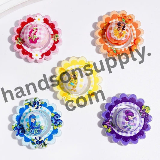 Adorable Hollowed Flower Shaped With UV-Coated Fruit Girl Patterns Printed Round Acrylic Beads, Multi-Color, Random Mix (Please Read Description)