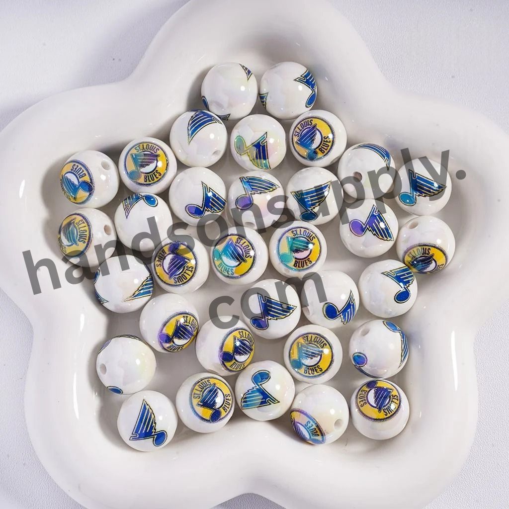 Round with UV Coating Ice Hockey Team Pattern Acrylic Beads for Bracelets, 16MM