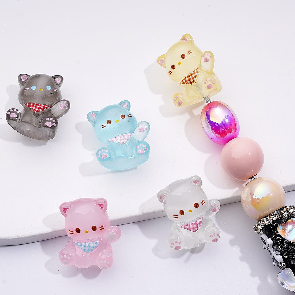 Cute Luminous Cat Kitty Multi Color Acrylic Beads Pen Toppers 20*23MM, Random Mix