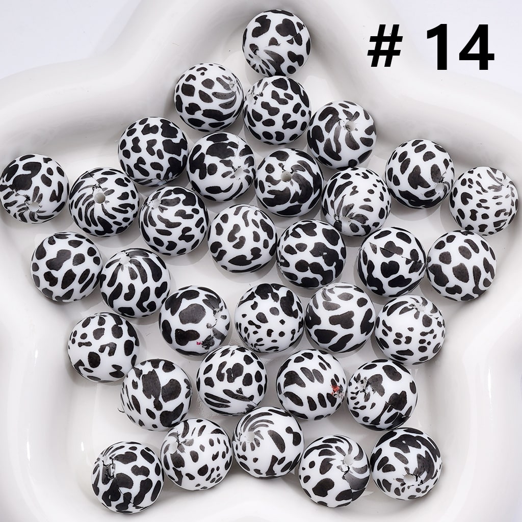 Cow Print Multicolor Design Style Z-00276 Silicone Beads 15MM