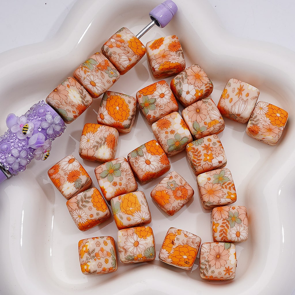 Printed Cube Square Coffee Beans Silicone Beads 14MM