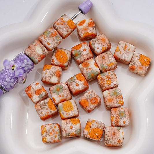 Printed Cube Square Coffee Beans Silicone Beads 14MM