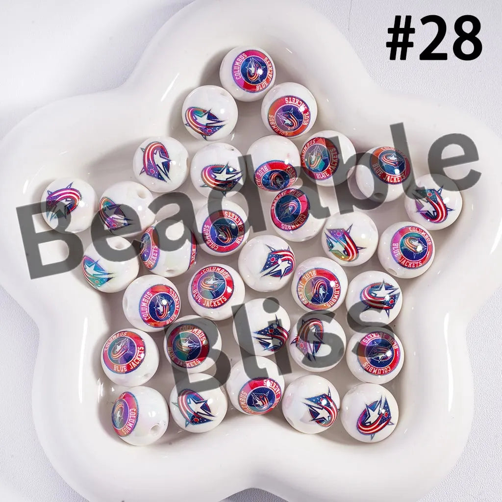 Acrylic Beads for Bracelets |  Round with UV Coating Ice Hockey Team Pattern, 16MM