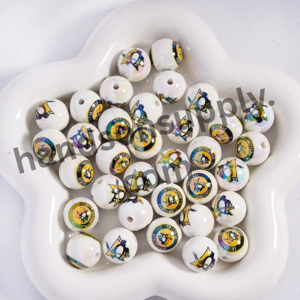 Round with UV Coating Ice Hockey Team Pattern Acrylic Beads for Bracelets, 16MM
