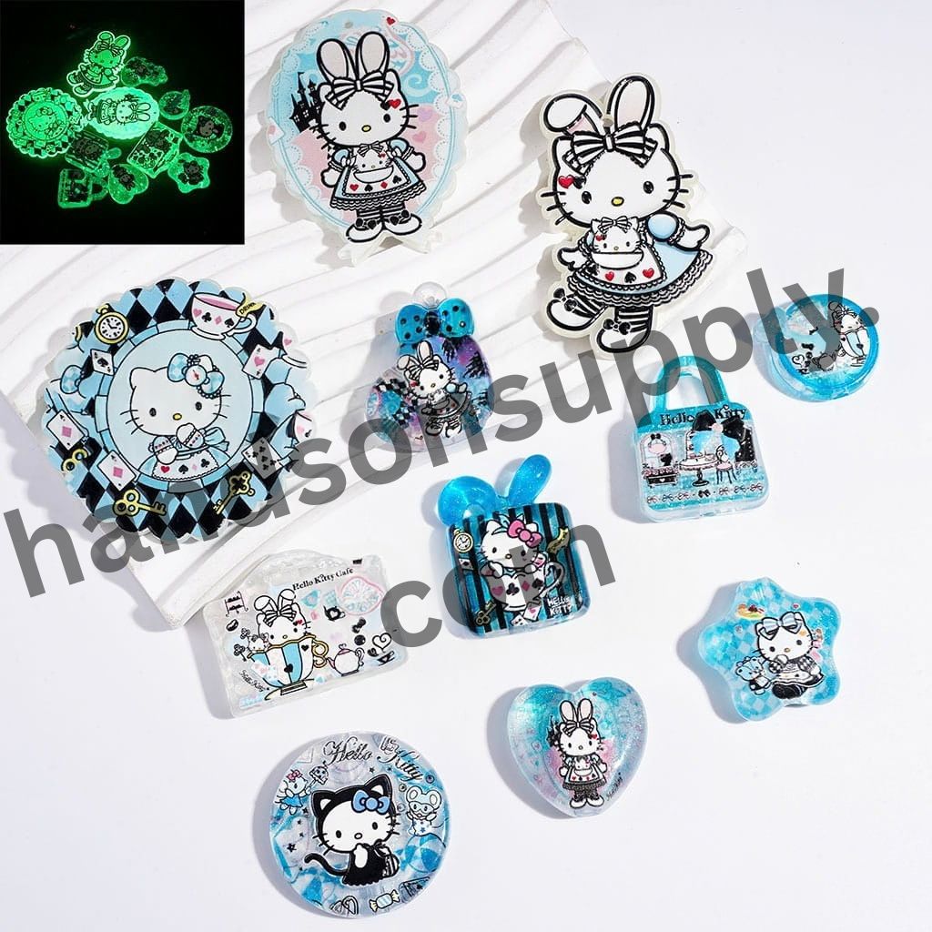 Luminous Adorable Blue Cat Character Poker-Themed Acrylic Beads & Pendants, Random Mix