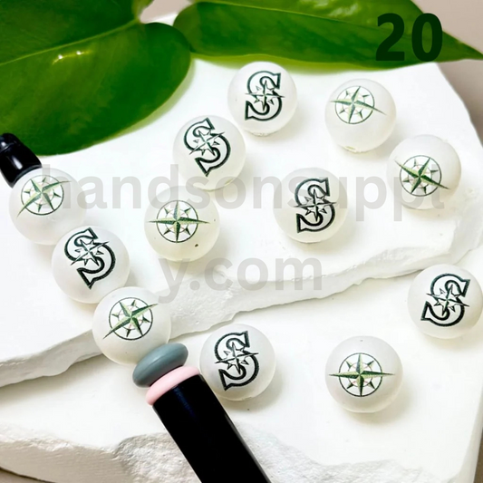 Seattle Mariners Baseball Theme 16MM Frosted White Round Acrylic Beads Random Mix