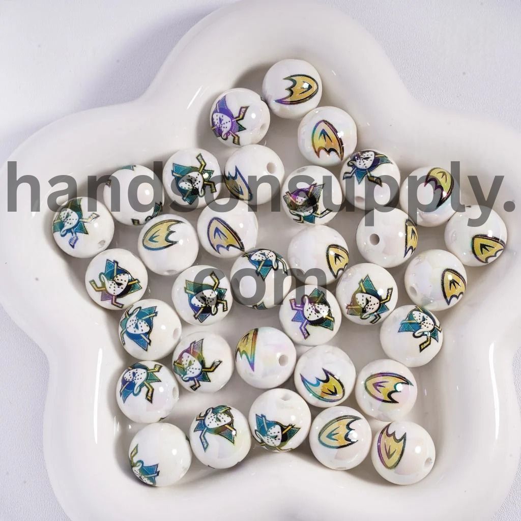 Round UV Coating Ice Hockey Team Pattern Acrylic Beads for Bracelets, 16MM