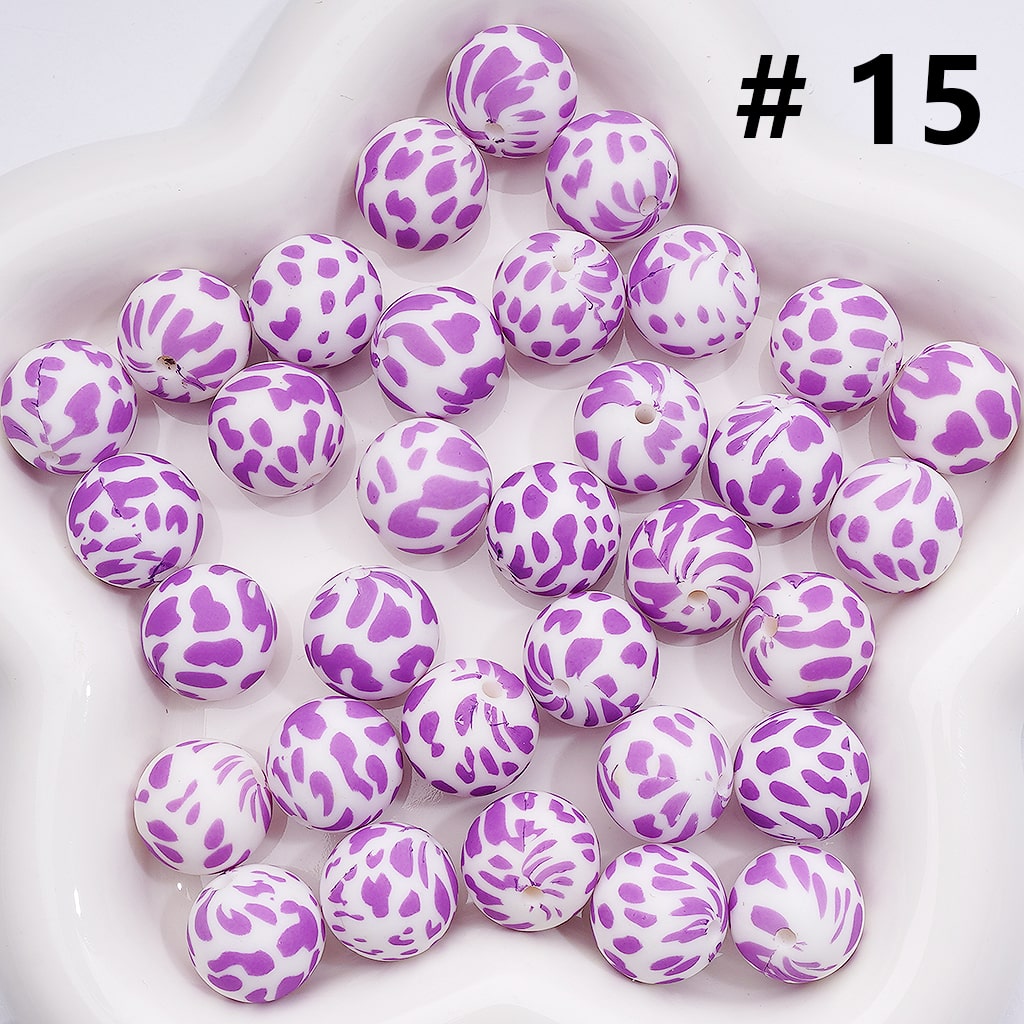 Cow Print Multicolor Design Style Z-00276 Silicone Beads 15MM
