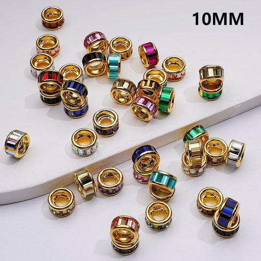 Large Hole Rondelle Spacer Beads Gold Alloy 10MM with Multi-Color Shiny Rhinestones, Random Mix