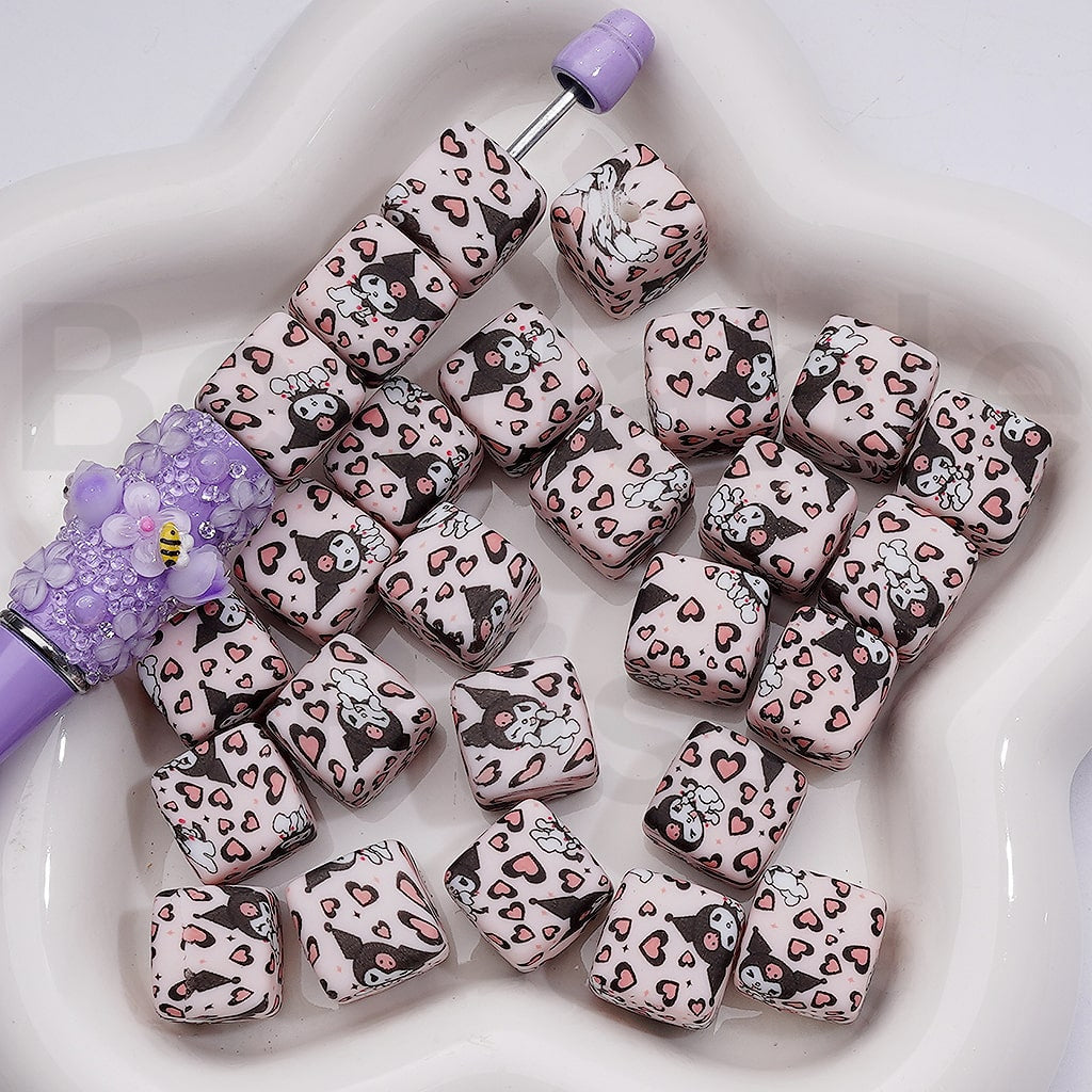 Cute Kurom Hearts Printed Cube Square Silicone Beads, 14MM