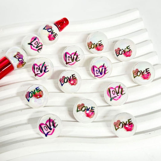Pink Heart Black Love Valentines White Round UV Finish Acrylic Beads, 16MM