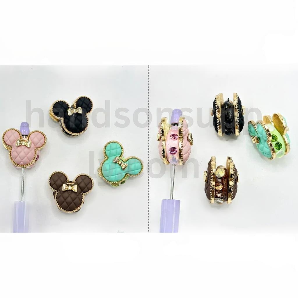 Gold Double-Sided Mouse Head with Bow and Colorful Rhinestones 30×34MM Alloy Beads