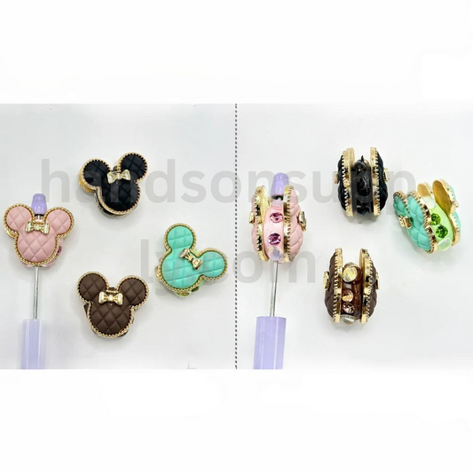 Gold Double-Sided Mouse Head with Bow and Colorful Rhinestones 30×34MM Alloy Beads