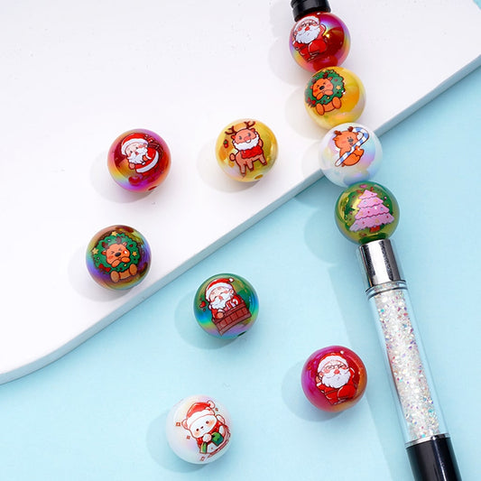 Christmas Print Round UV Coating Acrylic Beads, Random Mix, 16MM