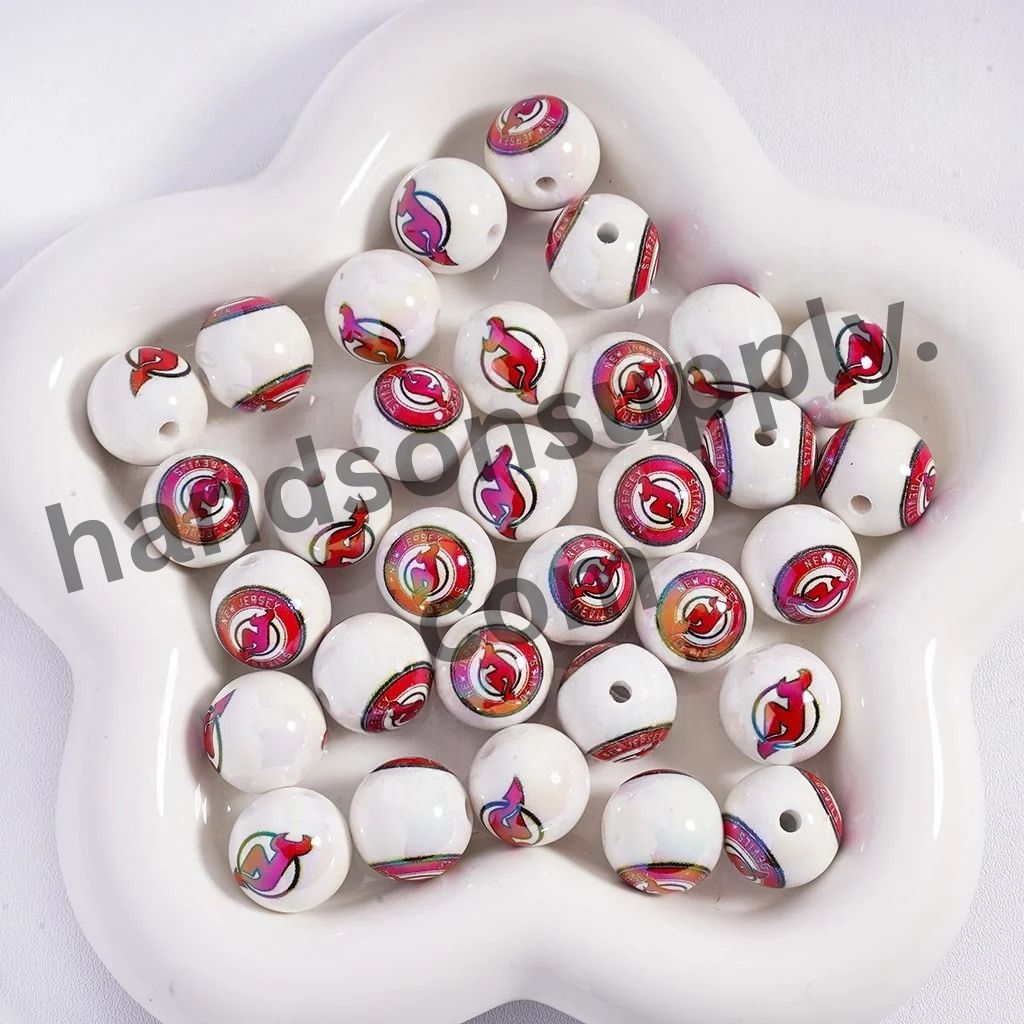 Round with UV Coating Ice Hockey Team Pattern Acrylic Beads for Bracelets, 16MM
