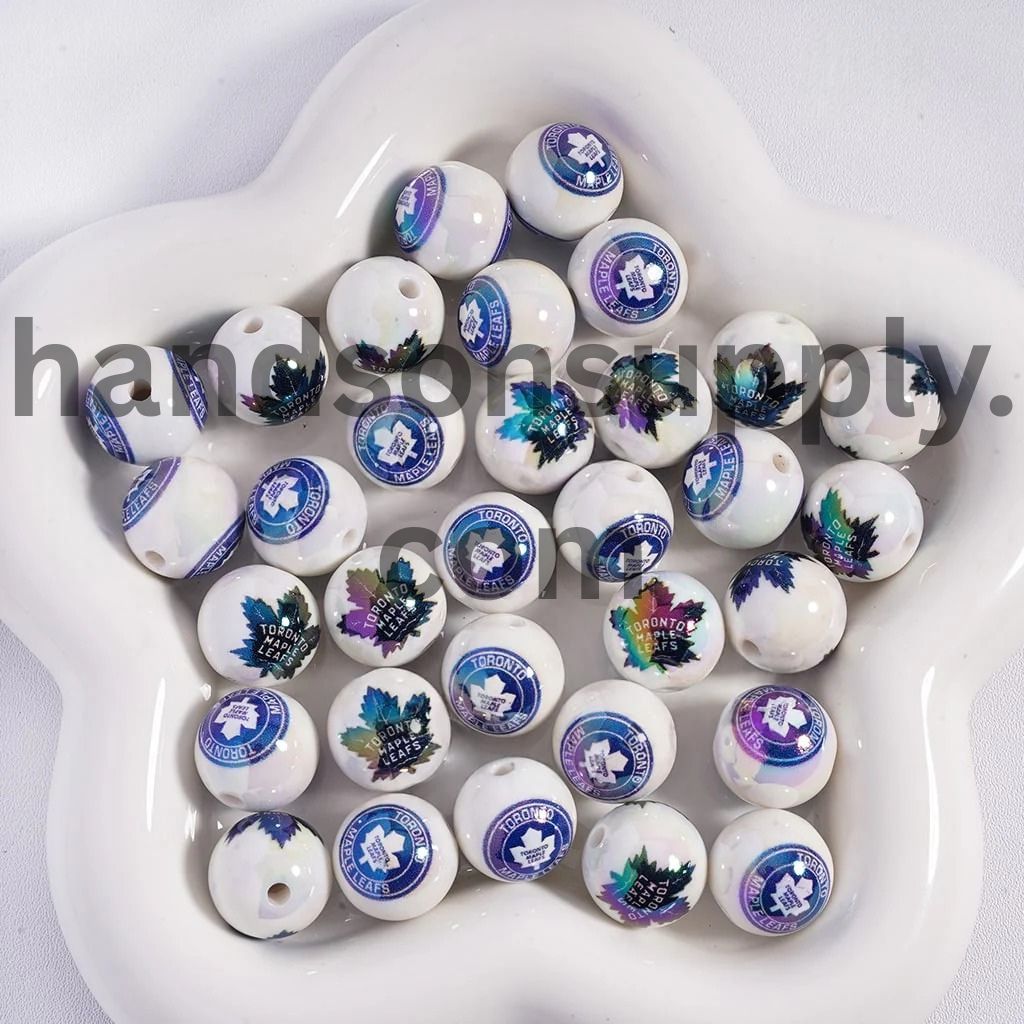 Round UV Coating Ice Hockey Team Pattern Acrylic Beads for Bracelets, 16MM