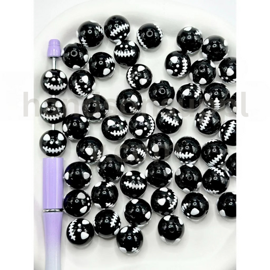 Skeleton Couple Skellington Face with Hand Print Black Round 16MM Halloween Acrylic Beads