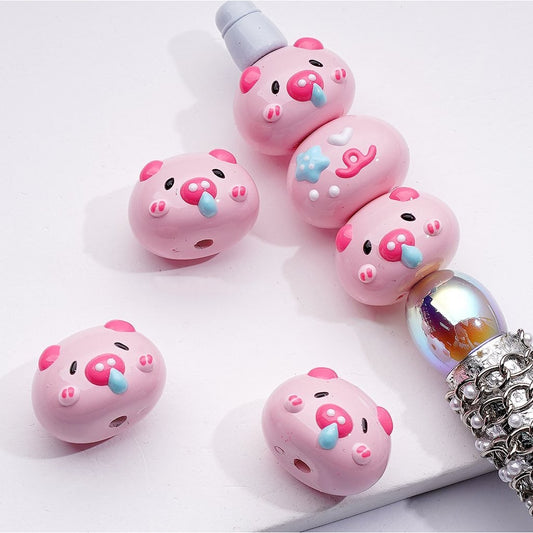 Hand Painted Cute Pink Pig Head Acrylic Beads 13*18MM