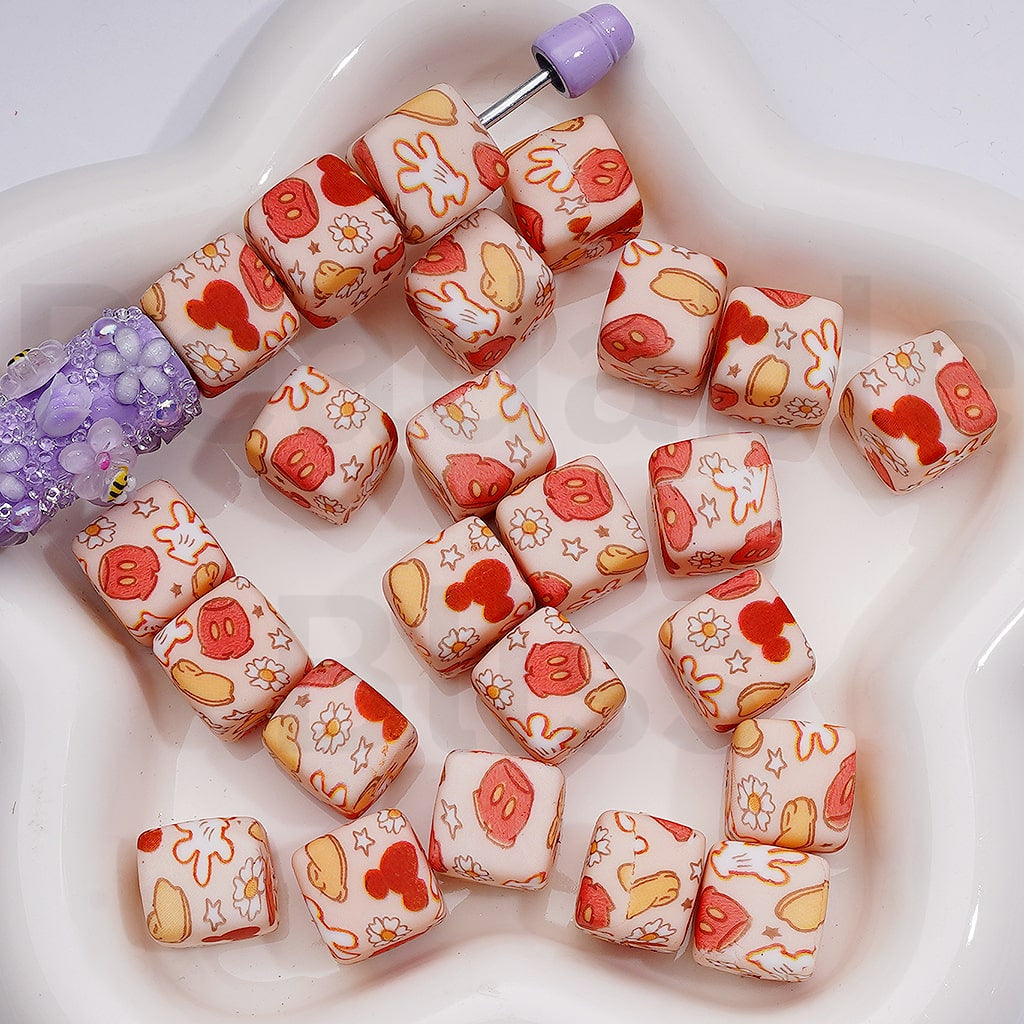 Cute Micke Mous Clothes Flower Printed Cube Square Silicone Beads, 14MM