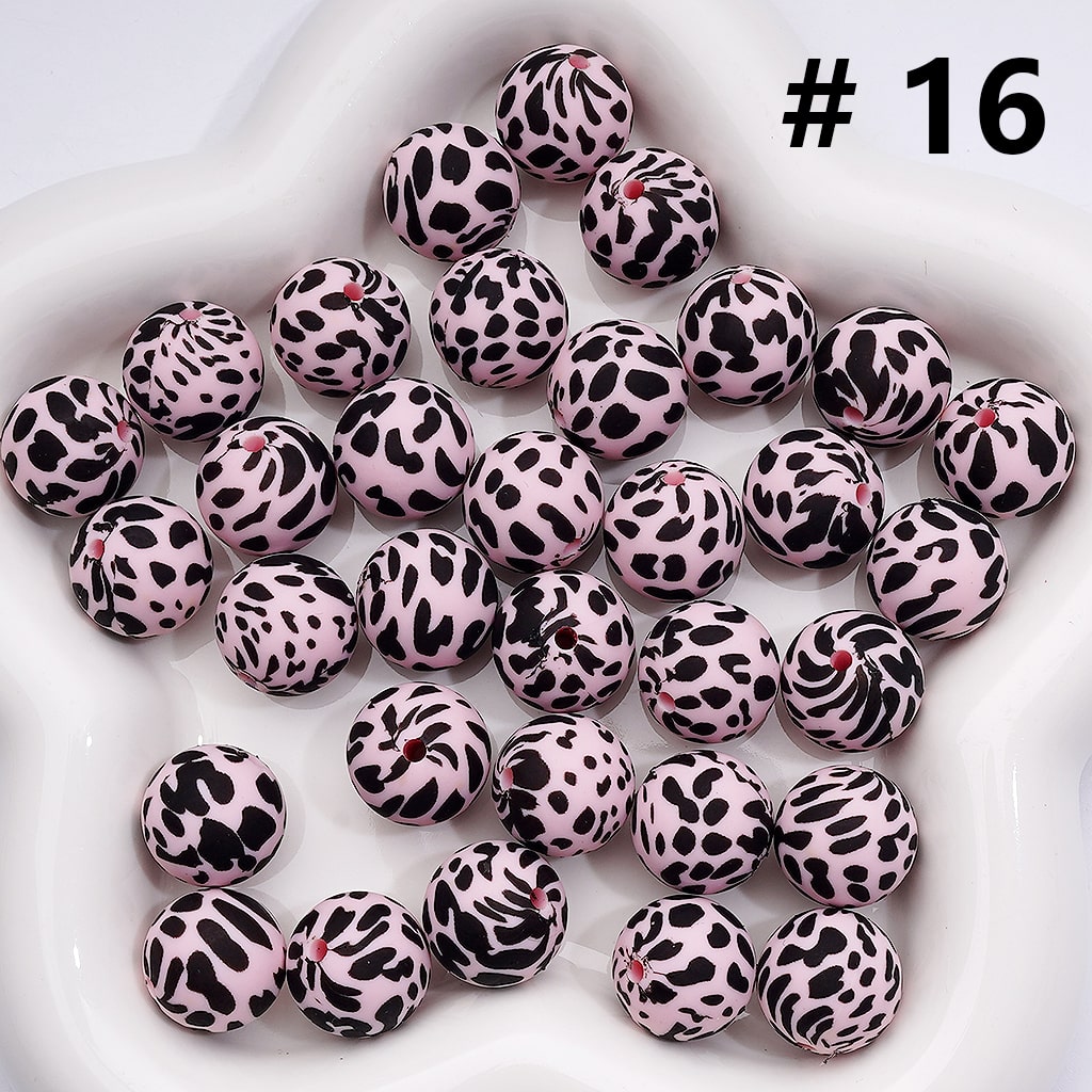 Cow Print Multicolor Design Style Z-00276 Silicone Beads 15MM