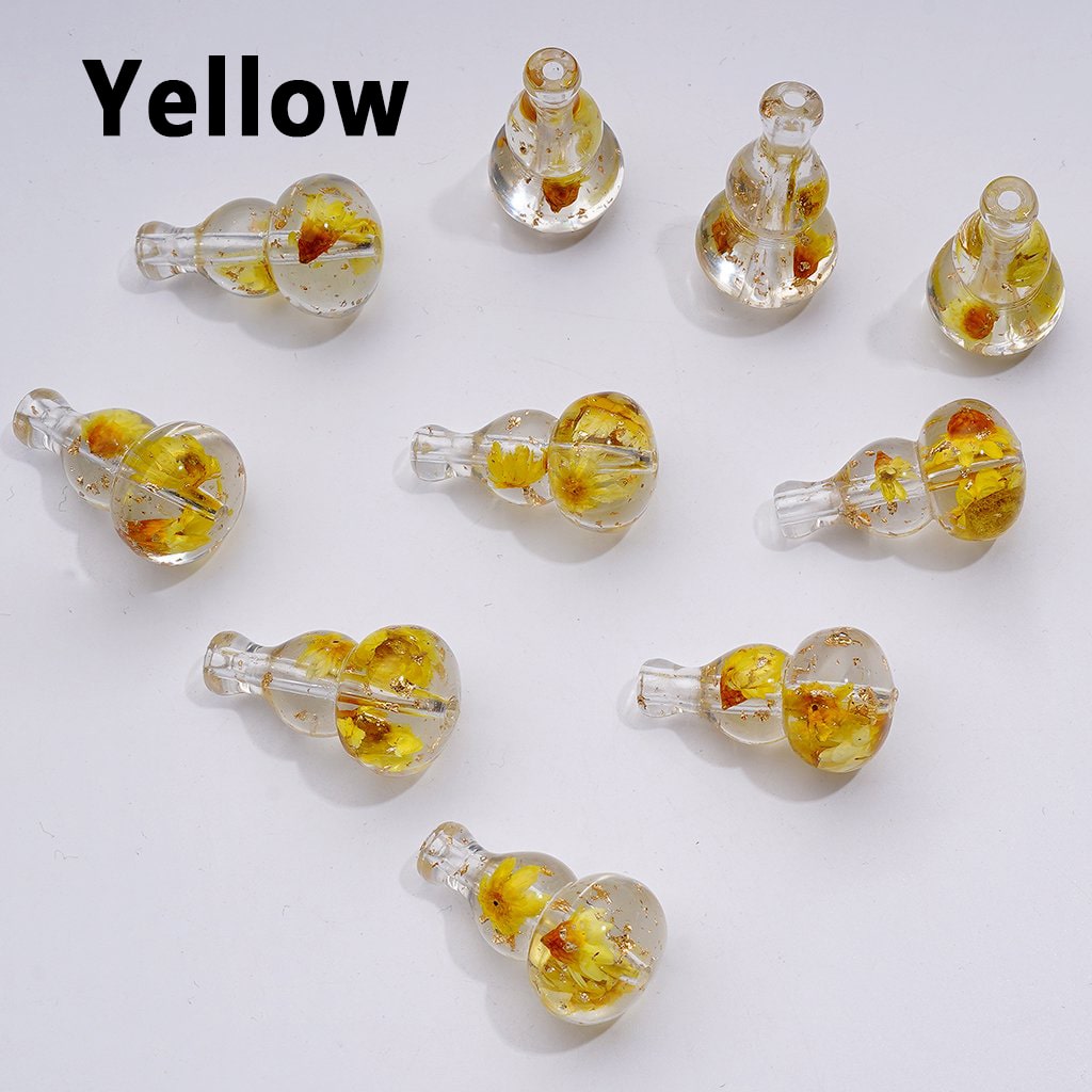 Elegant Clear Gourd-Shaped Acrylic Beads with Mini Gold Foil & Dried Flower Accent, Around 28×16MM