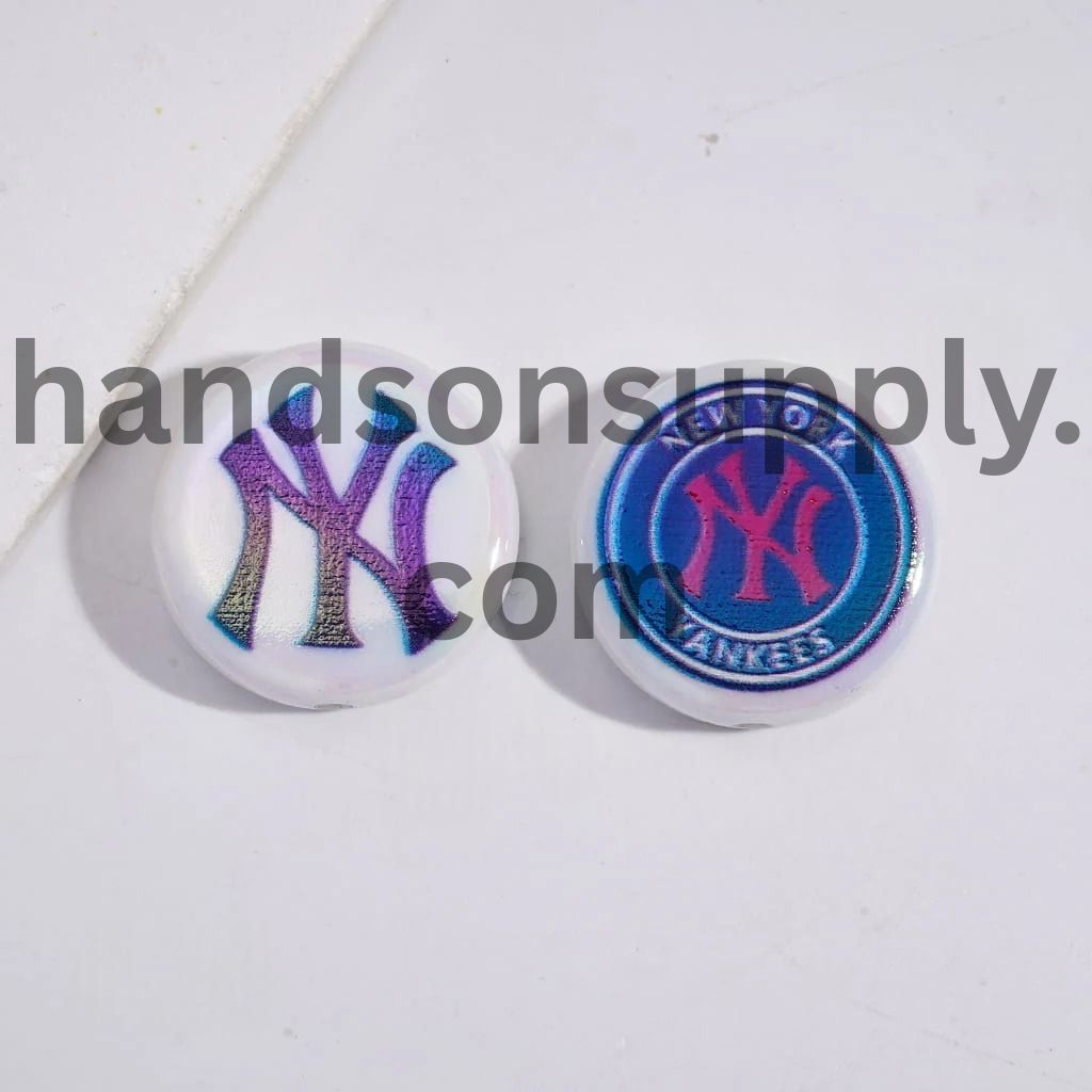 UV Coating with Sports American Baseball Series Acrylic Beads, Around 24MM, Flat Round Shape