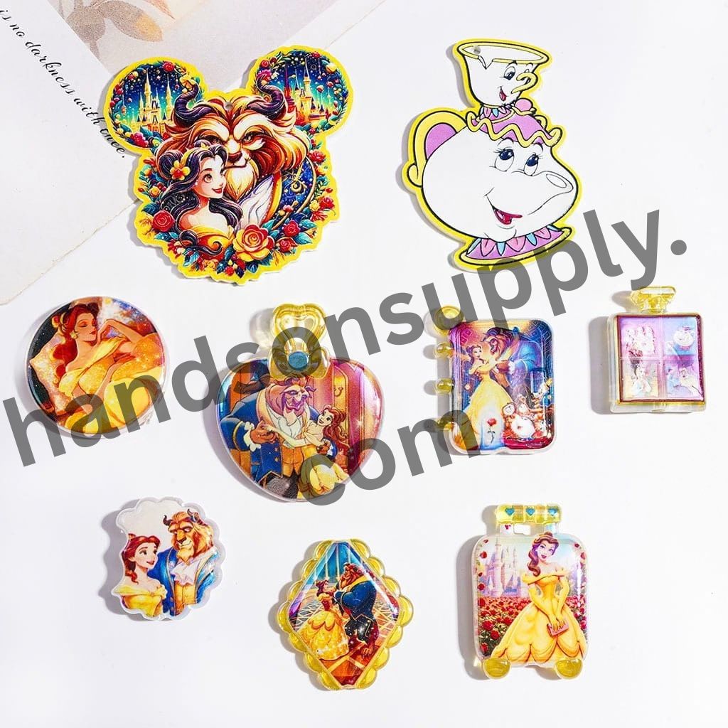 UV-Coated Classic Fairytale Princess & Wild Beast Character Series Acrylic Beads & Pendants, Random Mix