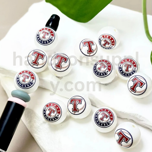 Texas Rangers Baseball Theme 16MM Frosted White Round Acrylic Beads Random Mix