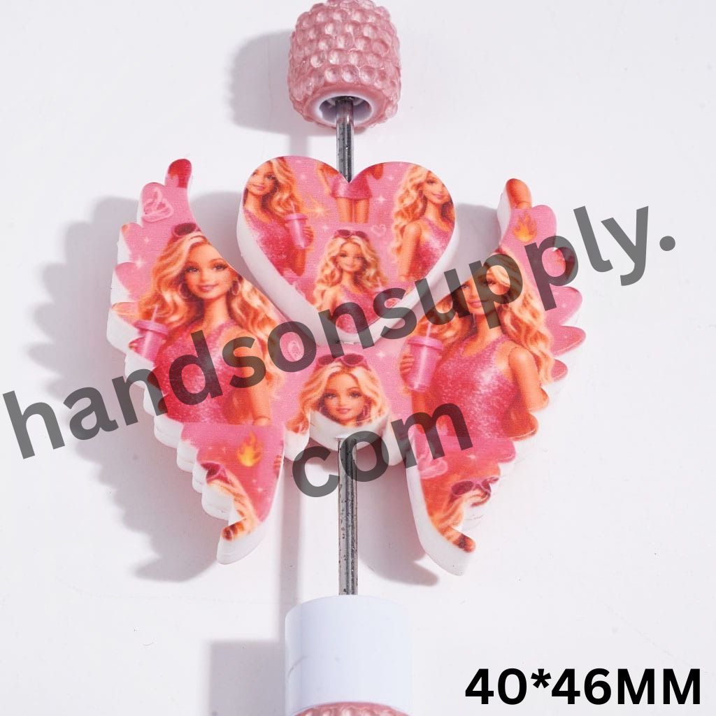 Fashion Doll Characters with Golden Hair, Pink Dresses and Cup Designs Printed Heart & Wing Silicone Focal Beads Set, 40*46MM