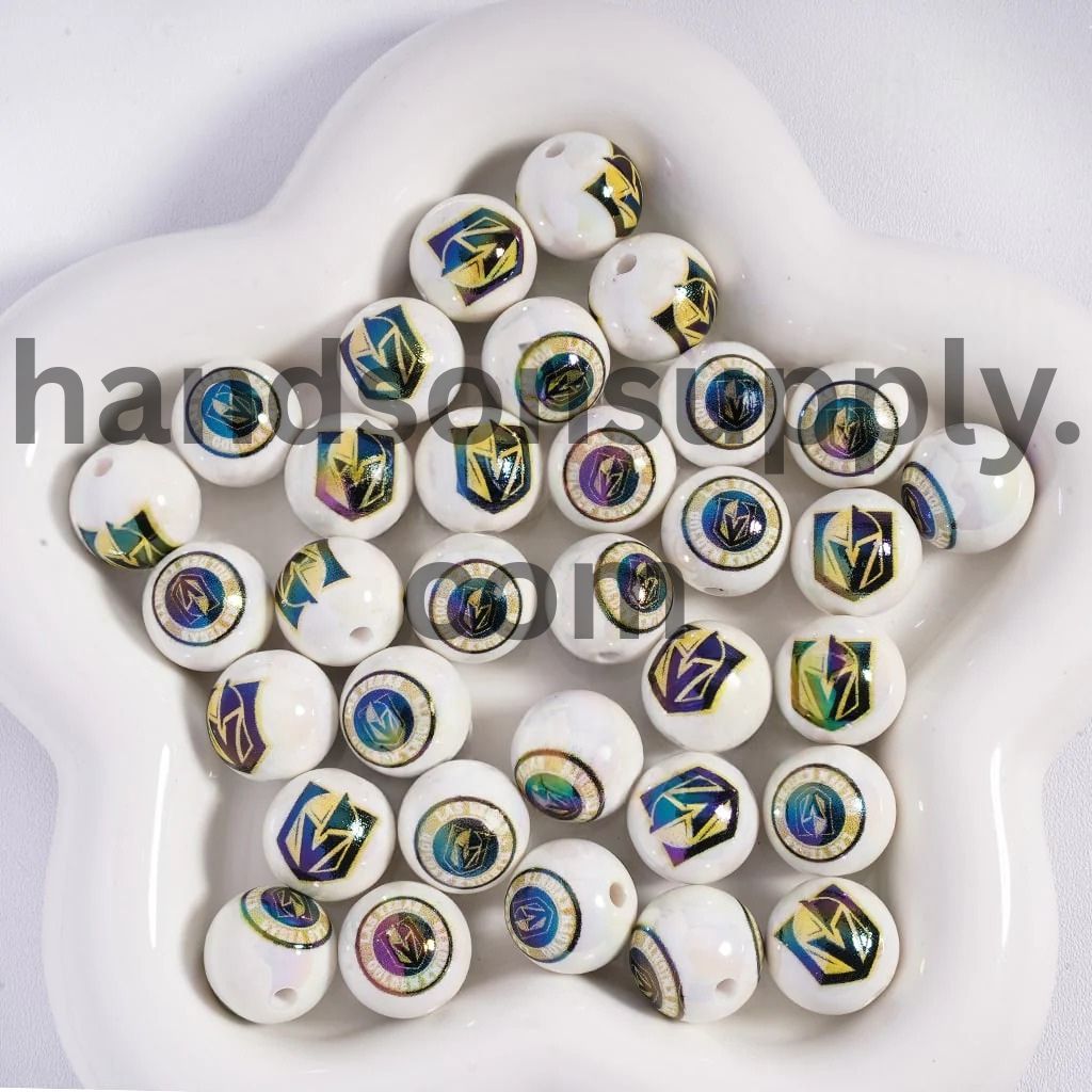 Round UV Coating Ice Hockey Team Pattern Acrylic Beads for Bracelets, 16MM