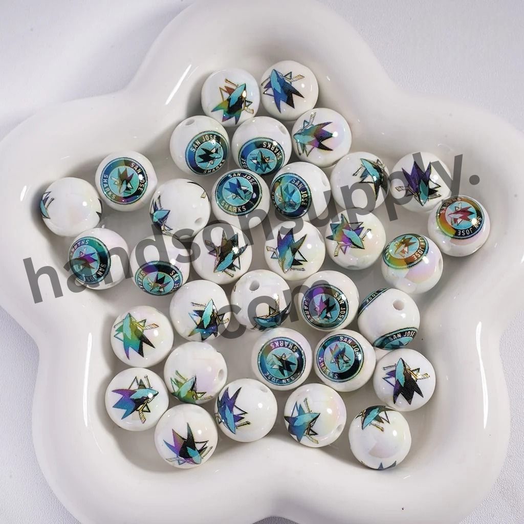 Round with UV Coating Ice Hockey Team Pattern Acrylic Beads for Bracelets, 16MM