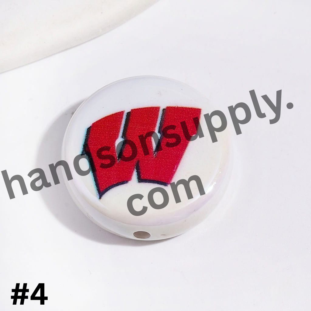 UV-Coated American College Sports Football Team Logo Series Flat Round Acrylic Beads, 23MM