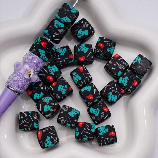 Nurse Uniform Stethoscope Heart Rate Scrub Life Printed Cube Square Silicone Beads, 14MM